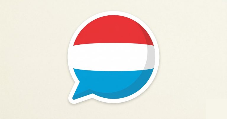 A blank speech bubble; its background is the tricolor flag of Luxembourg.