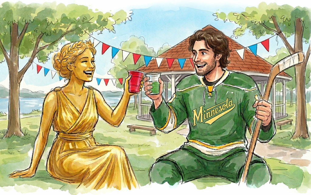 A cartoon of a hockey player and Luxembourg's Gëlle Fra at a picnic.
