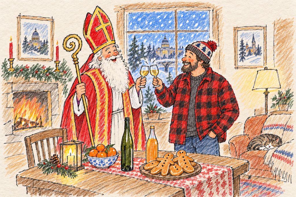 Illustration of Kleeschen, the Luxembourgish St. Nicholas in bishop’s robes and mitre, toasting with a Minnesotan in a buffalo-plaid jacket beside a table of wine, cider, clementines and sweet-bread figures, snow falling outside.