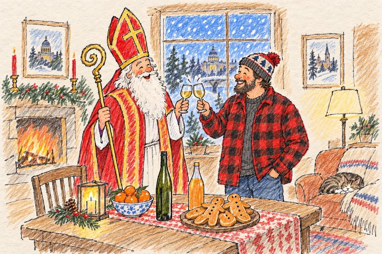 Illustration of Kleeschen, the Luxembourgish St. Nicholas in bishop’s robes and mitre, toasting with a Minnesotan in a buffalo-plaid jacket beside a table of wine, cider, clementines and sweet-bread figures, snow falling outside.